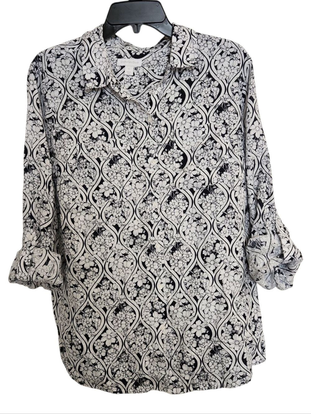 Charter Club 100% Linen Button Up Shirt Sz L Floral White Navy Roll Tab Coastal